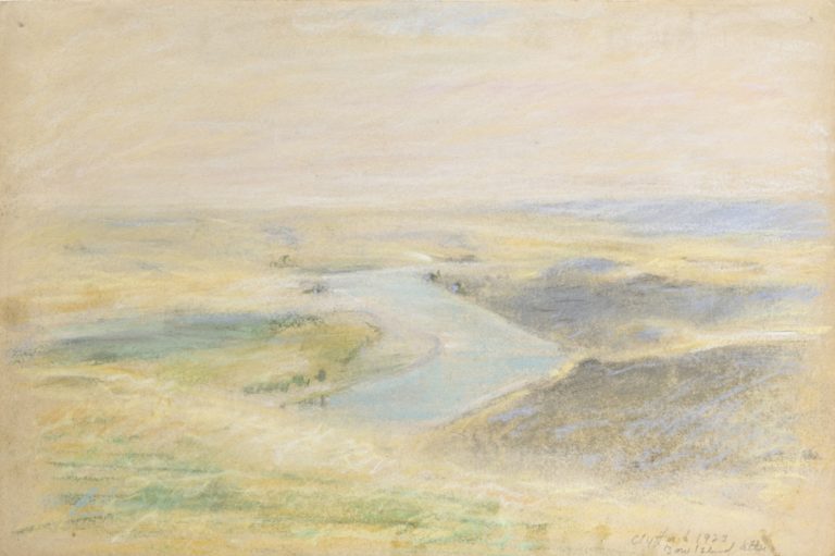 Pastel drawing on paper of a river and surrounding plains