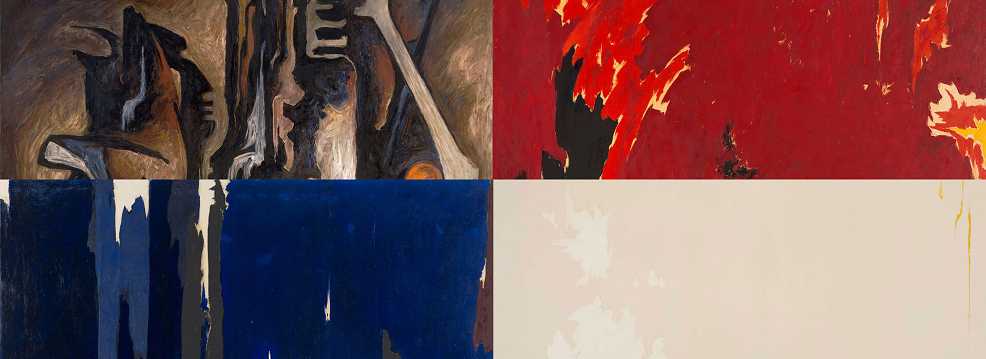 Photo illustration of four paintings by Clyfford Still; Clockwise from top left: details of PH-751 (1944), PH-1034, 1973, PH-716 (1970), PH-268 (1955).