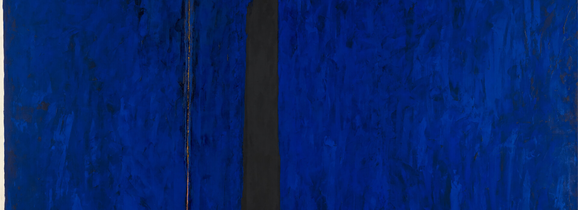 Large abstract blue painting with a black and orange lifeline