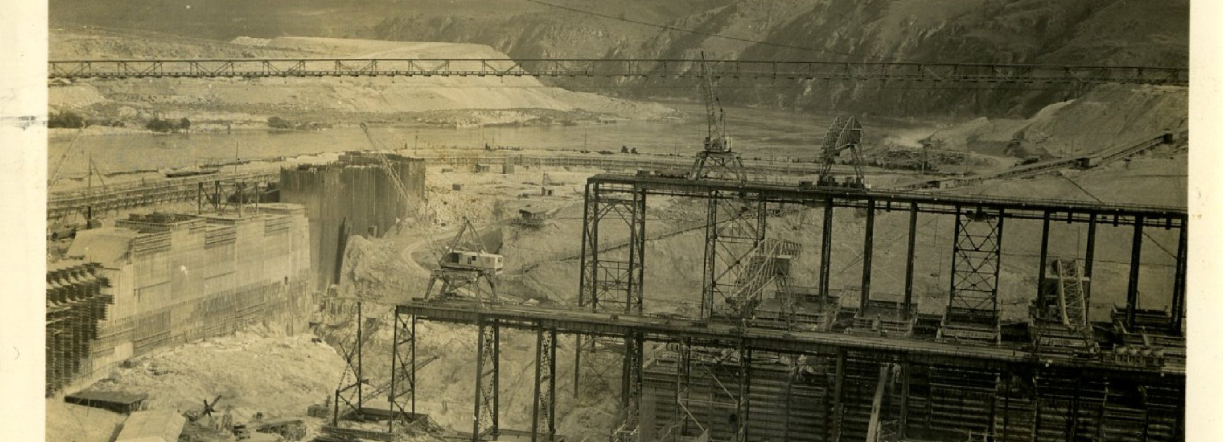 Landscape view of the Grand Coulee Dam construction in Washington, 1936