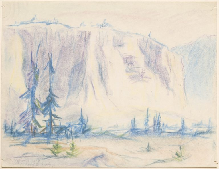 Crayon on paper landscape drawing of mountains and trees