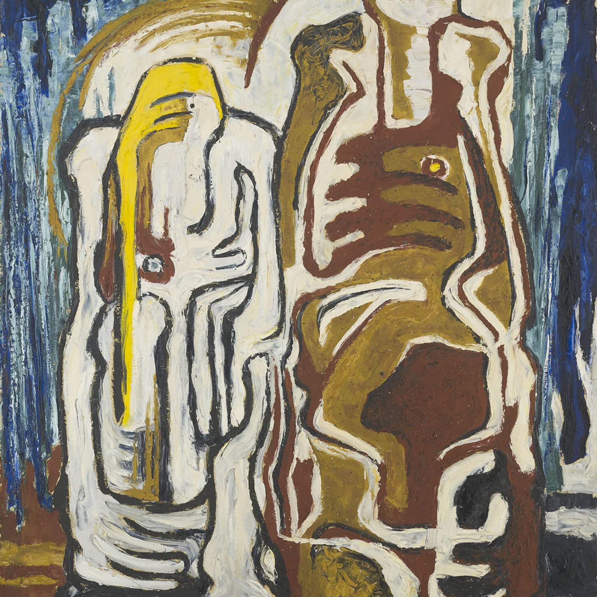 Abstract oil painting of two deconstructed human figures with ribs and other bones visible
