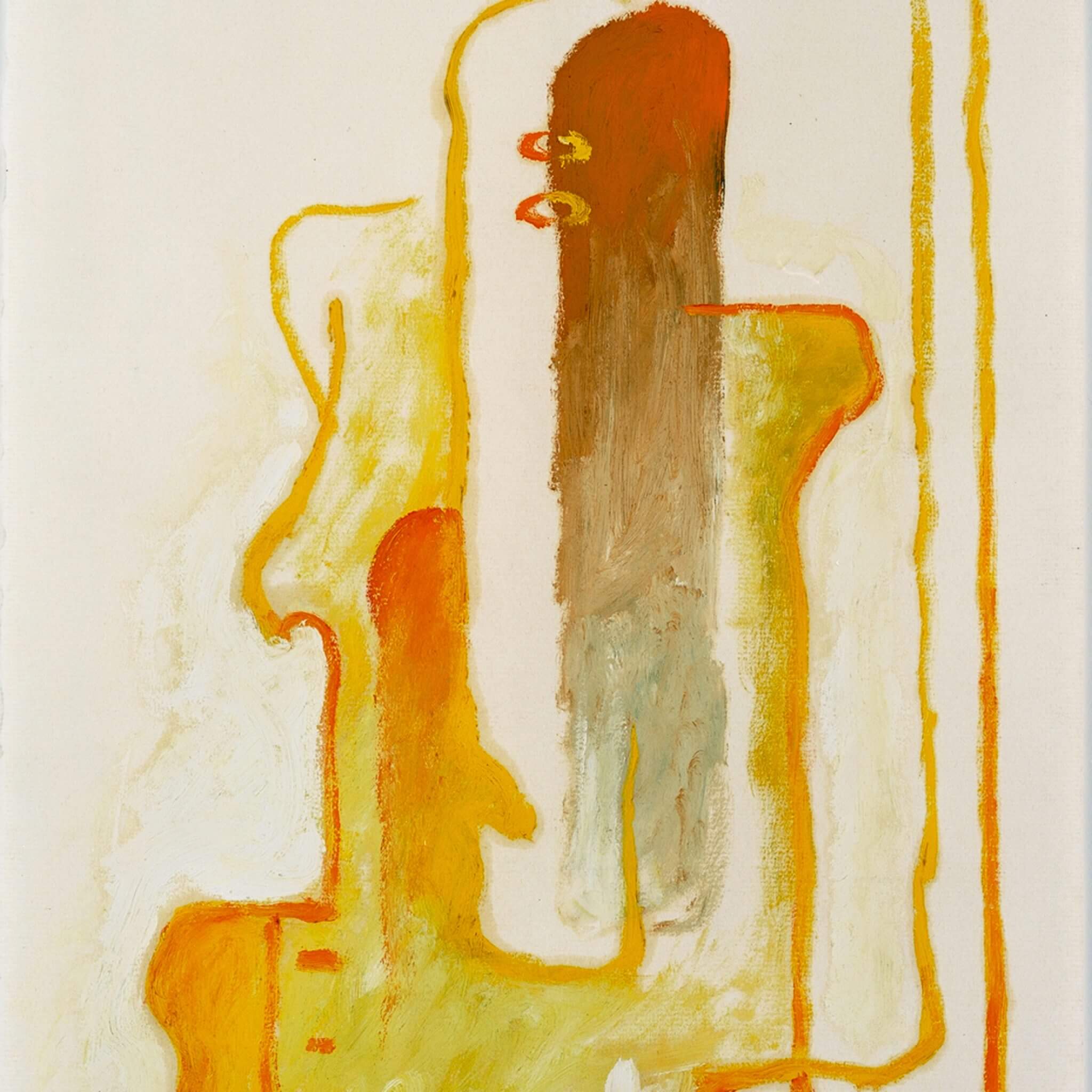 Abstract oil painting on paper with red, orange, yellow, and tan paint