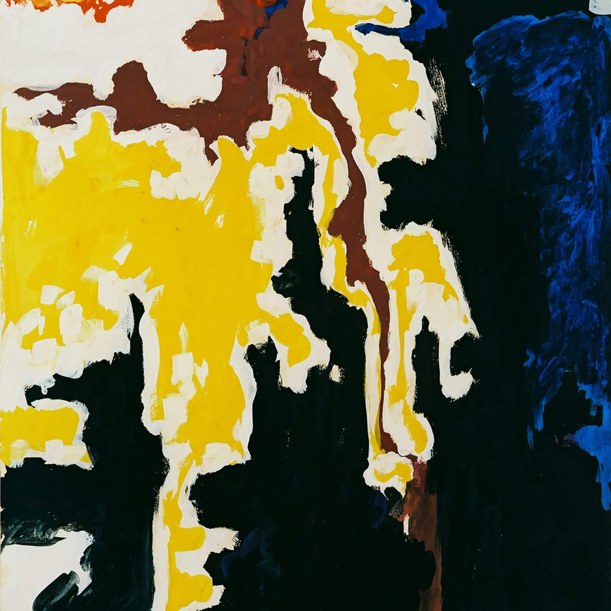 Abstract gouache on paper with black, yellow, green, brown, blue, red and orange paint