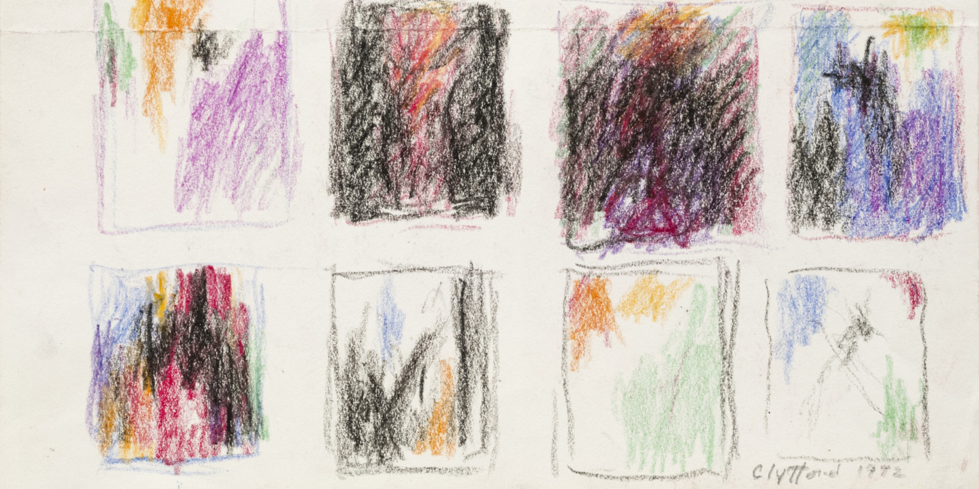 Crayon thumbnail drawings of abstract works by Clyfford Still