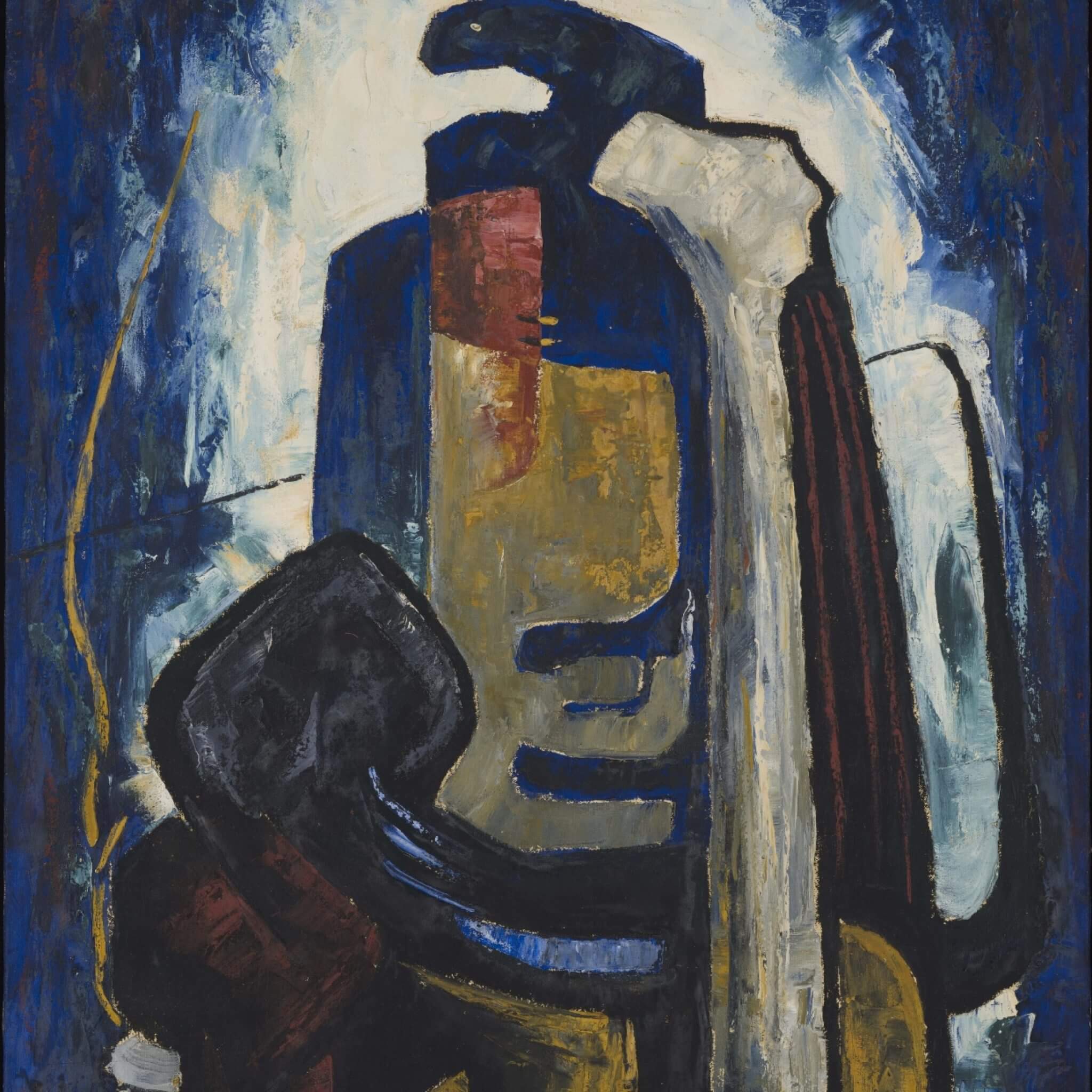 Abstract oil painting with blue, black, brown, and white paint of a human figure and machinery