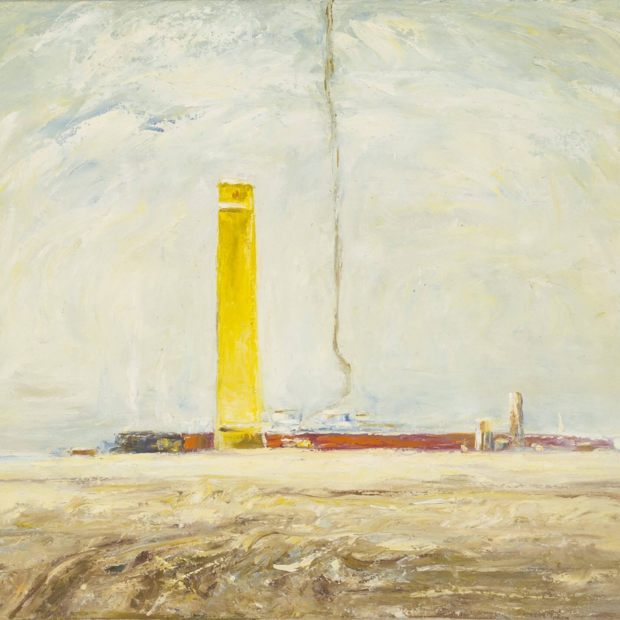 Oil painting of a prairie and grain silo and a train with smoke rising up in the sky