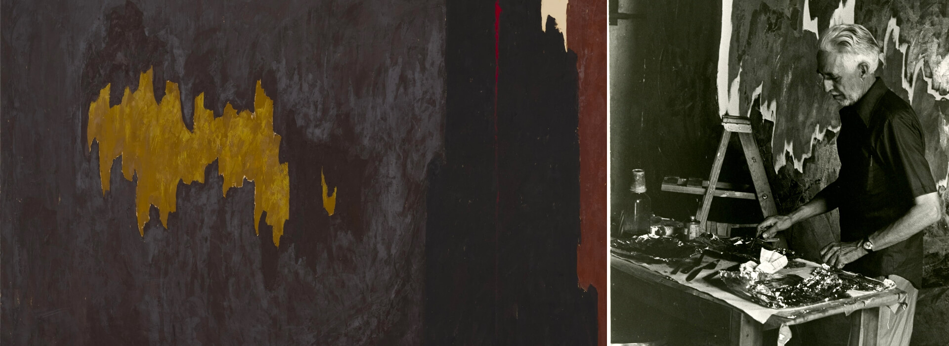 Detailed image of abstract Clyfford Still painting and photo of Clyfford Still working on the painting