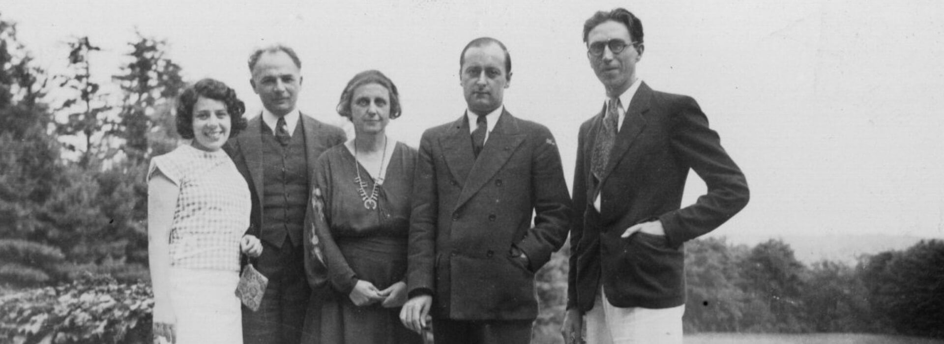 Portrait of Berenice Robinson Morris, Maurice Becker, Martha Gruening, Allan Porter, and Clyfford Still at Yaddo, ca. 1934–35. Unknown photographer, courtesy the Clyfford Still Archives