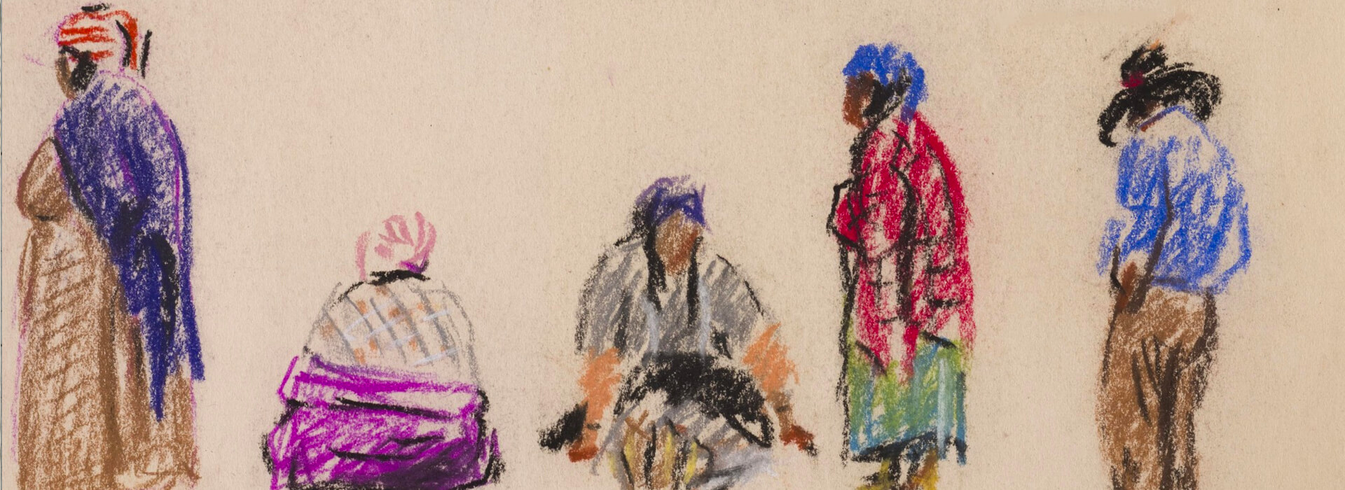 Pastel on paper sketch of people on the Coleville Reservation