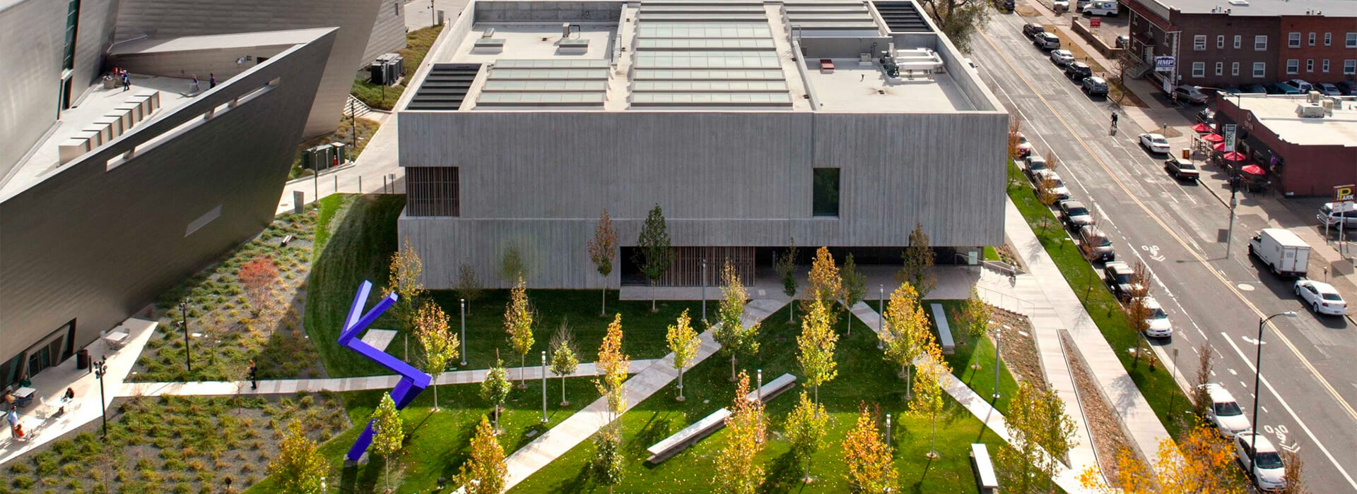 Aerial view of the Clyfford Still Museum and forecourt