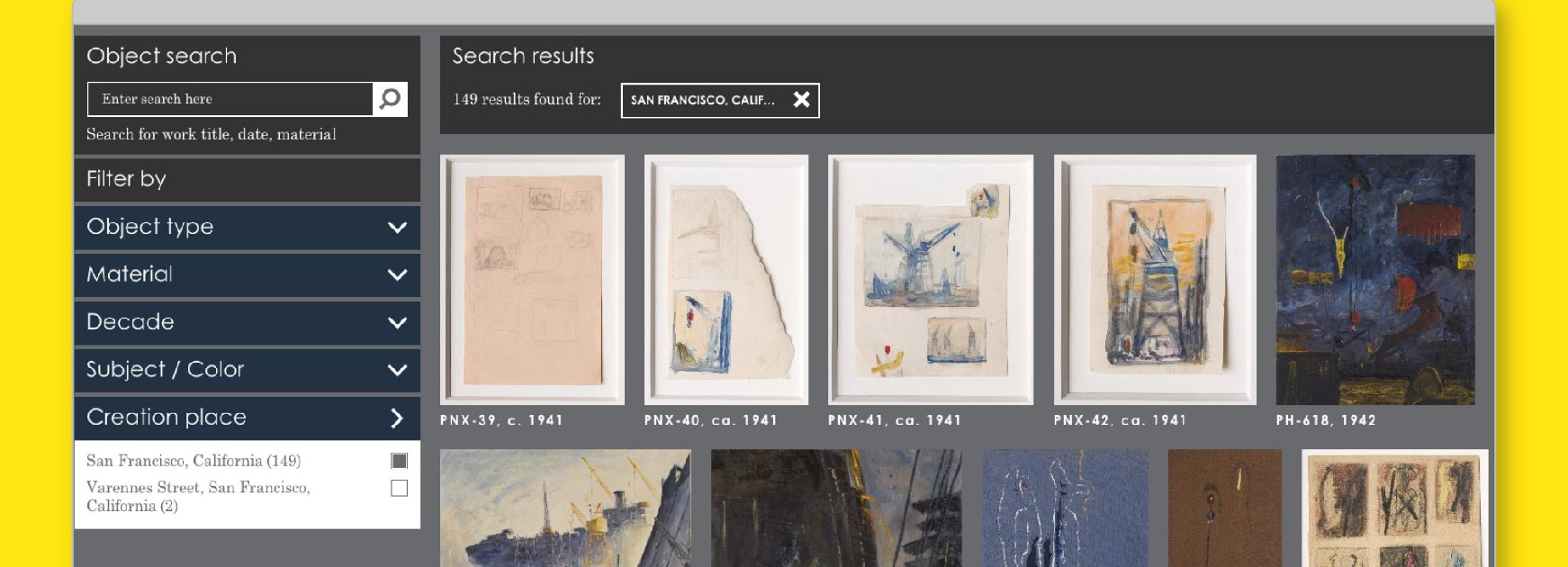 Screenshot of the Clyfford Still Museum's online collection with thumbnails of artworks