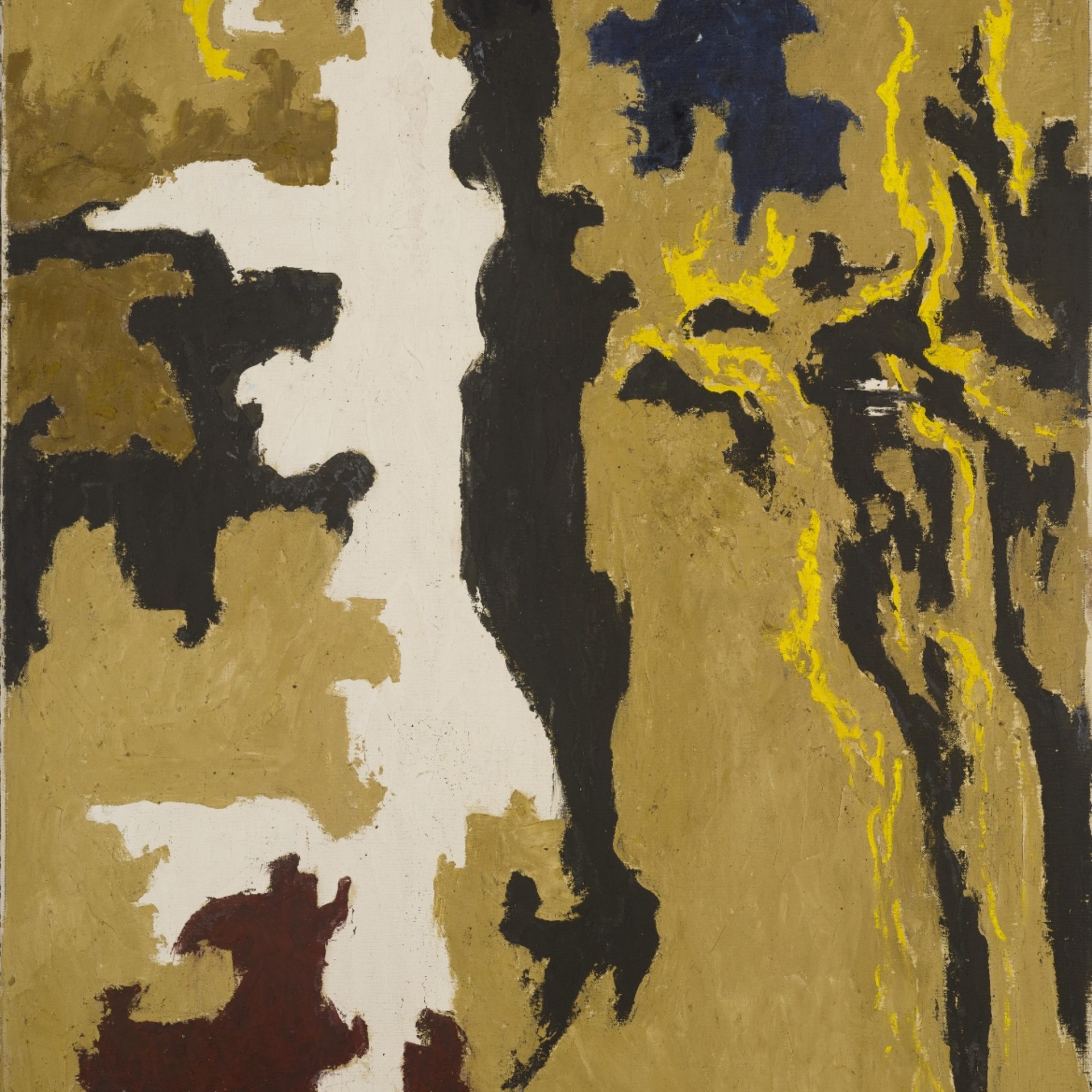 Abstract oil painting with white, tan, gold, yellow and black paint
