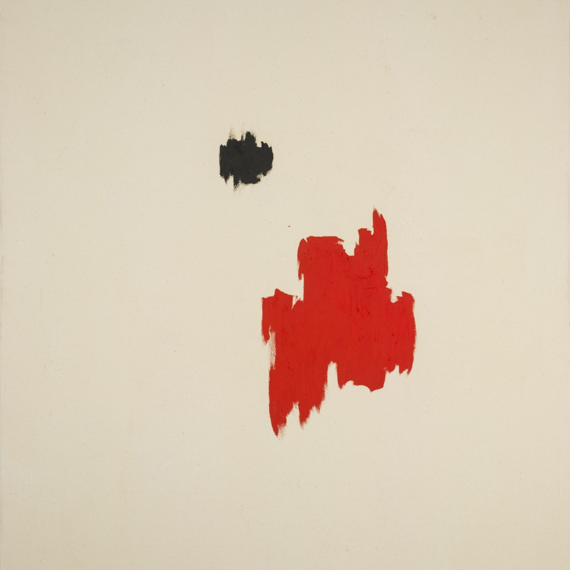 Abstract painting by Clyfford Still with a small black paint spot and larger reddish orange spot