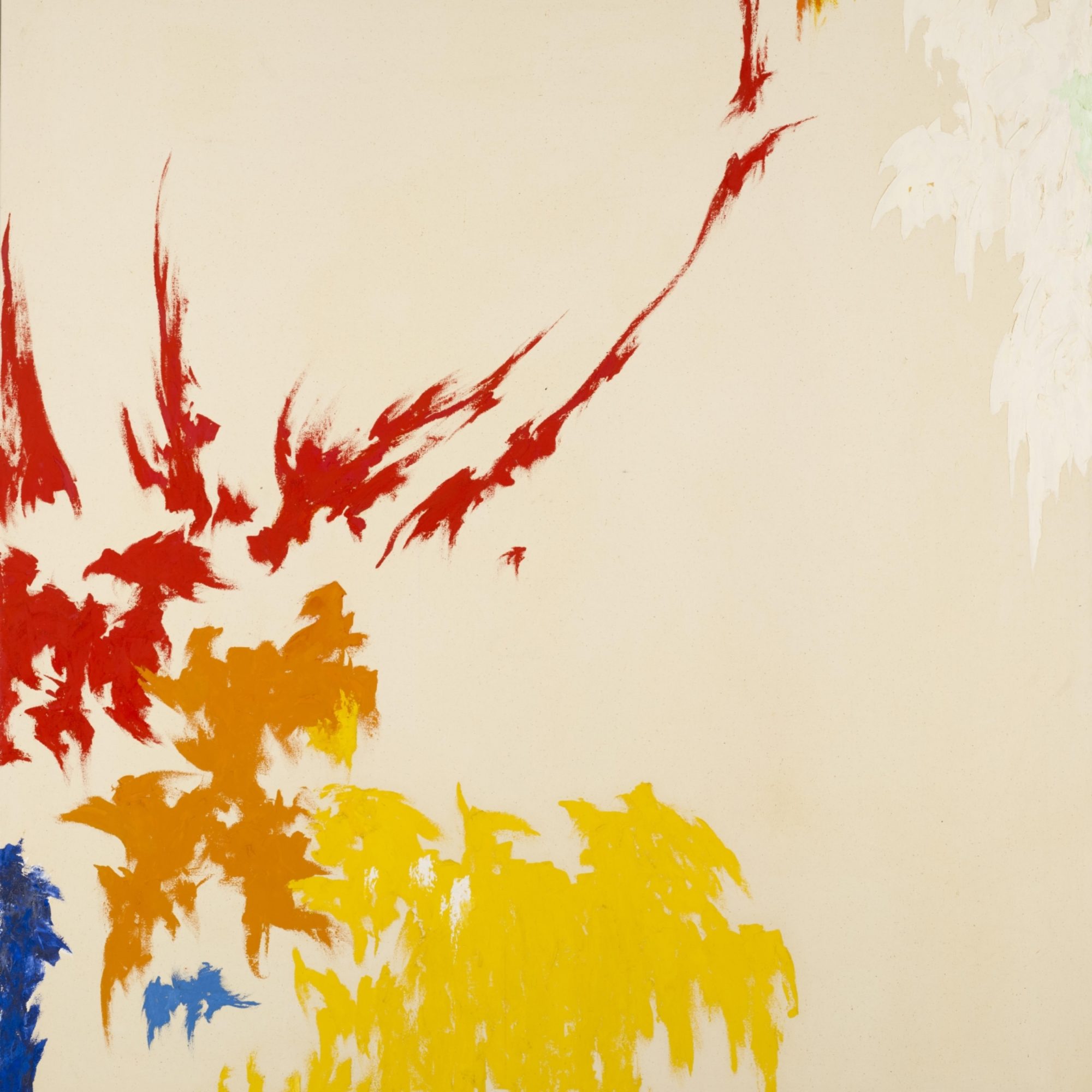 Abstract oil painting by Clyfford Still with bare canvas and red, orange, yellow, blue, and white paint