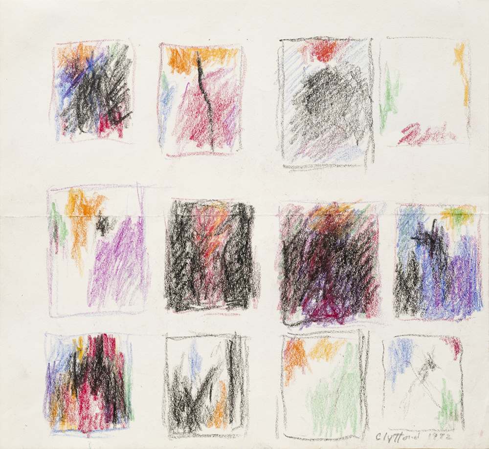 Crayon thumbnail drawings of abstract works by Clyfford Still