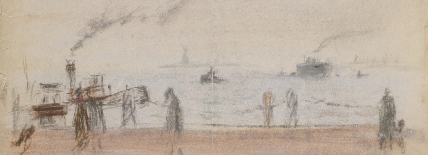 Crayon on paper sketch of figures and boats by Clyfford Still