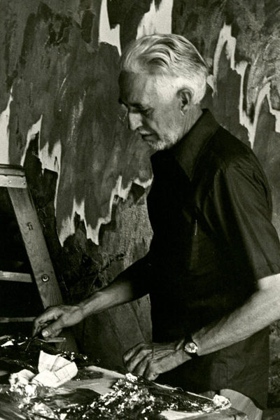 Black and white photo of Clyfford Still working on PH-892 and detail of PH-892