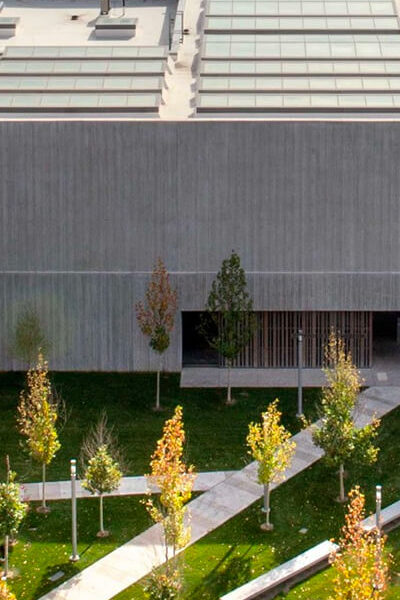 Aerial view of the Clyfford Still Museum and forecourt