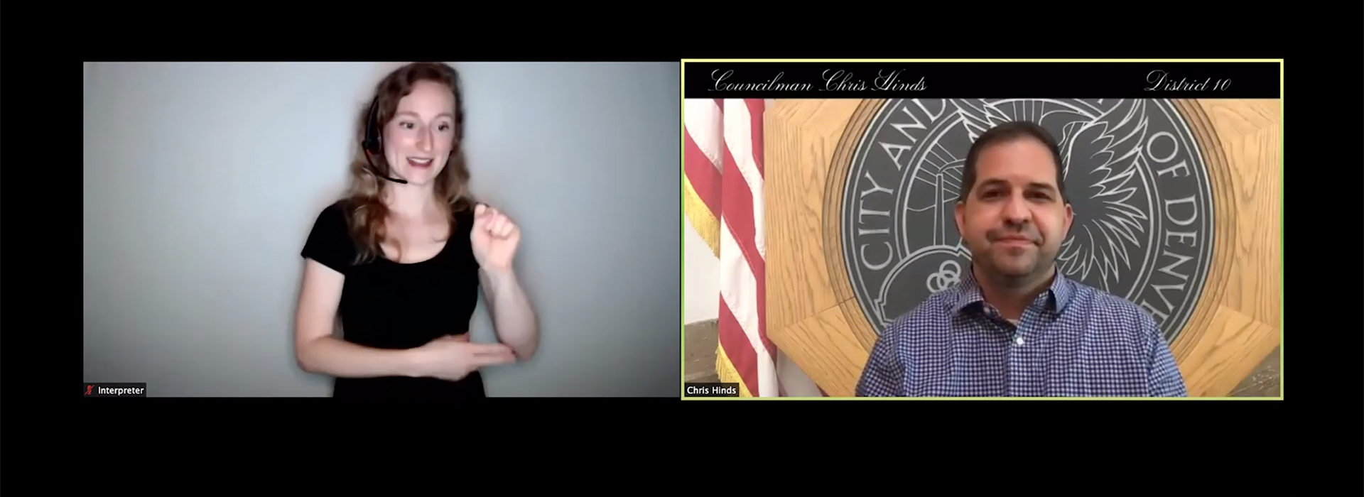 Screen shot of a woman doing ASL interpretation and a man speaking with the City of Denver seal behind him