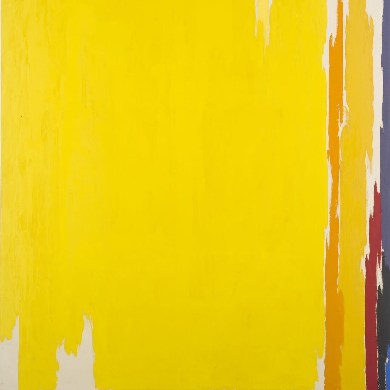 Large yellow abstract painting with small streaks of orange, red, purple and white on one edge