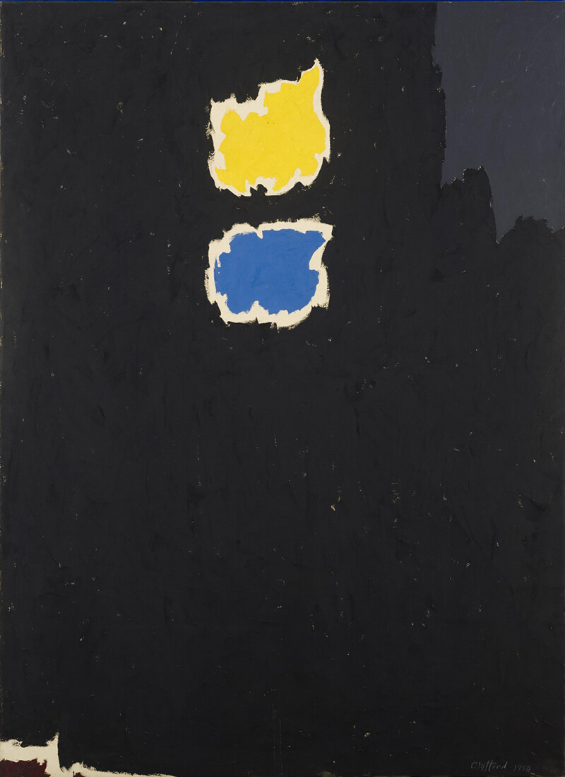 Black painting with yellow, blue, and gray splotches