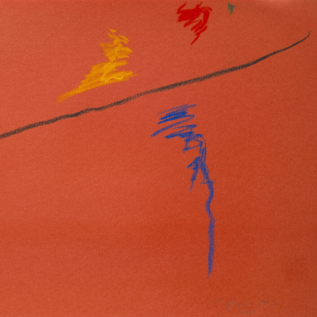Orange construction paper with streaks of black, blue, yellow and red pastel