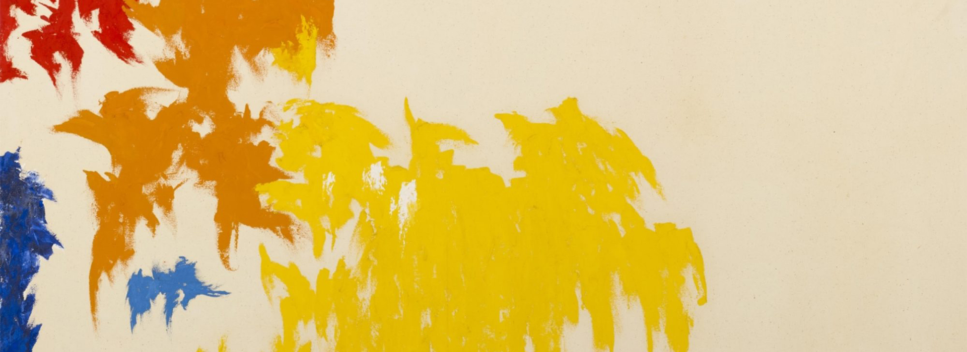Detailed image of a colorful abstract painting by Clyfford Still with yellow, orange, red, light blue, and dark blue paint and bare canvas