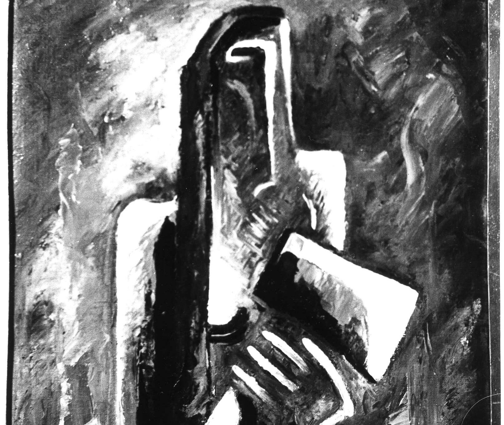 Abstract oil painting with an abstracted figure holding an axe