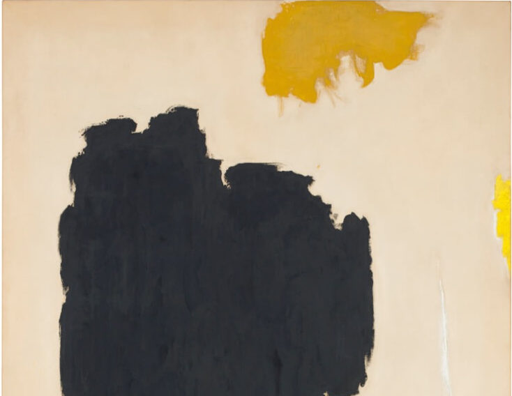 Abstract oil painting with bare canvas, a large black splotch, smaller yellow and blue splotches along the top and bottom and a thin white line