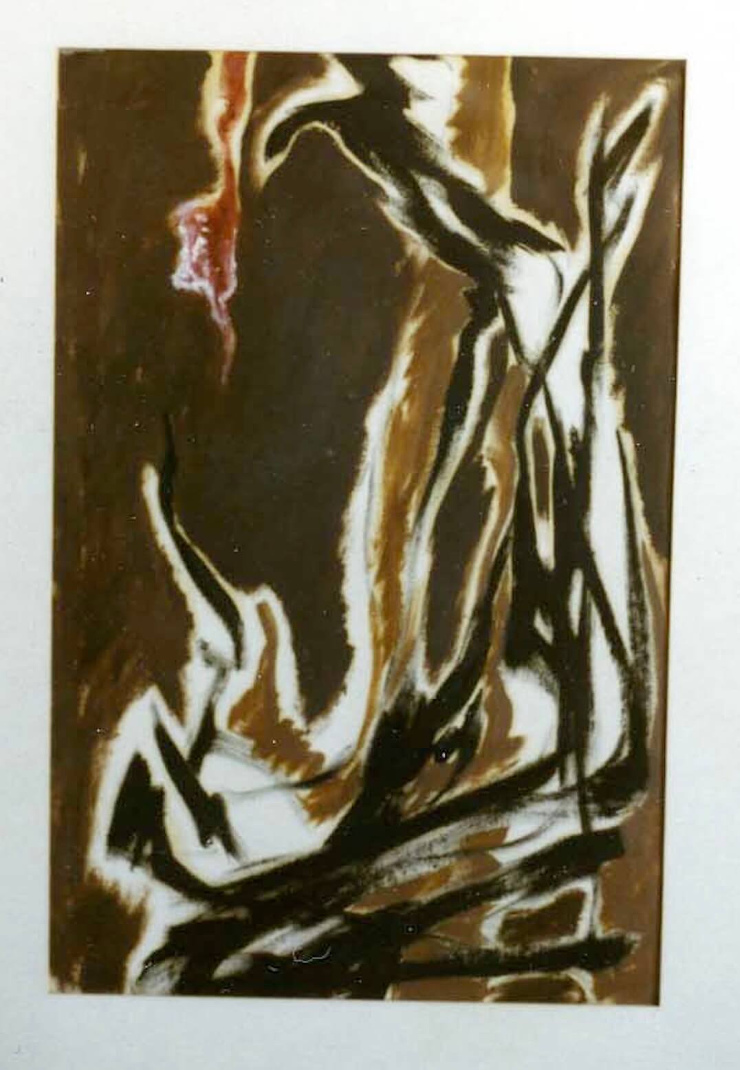 Abstract oil painting with brown, black, tan, red, and white paint