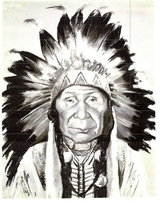 Drawing of a man wearing traditional Native American clothing and headdress