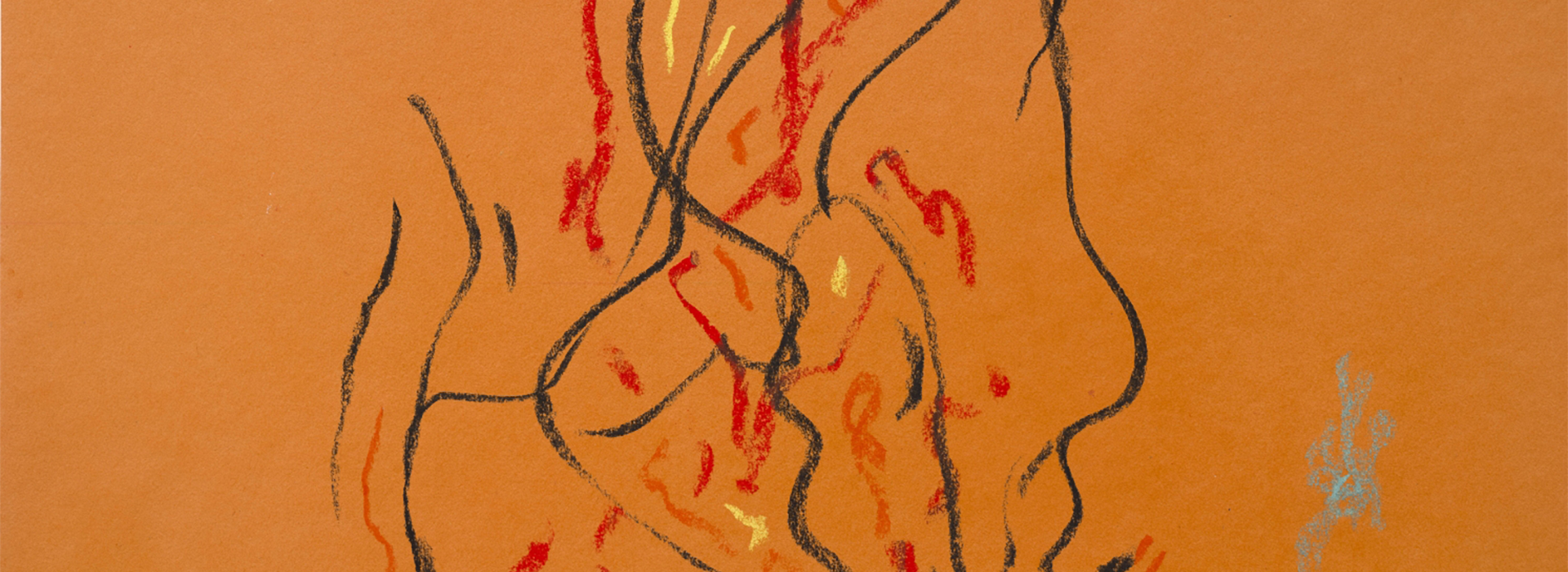 Black, red, yellow, and green lines and squiggles on a piece of orange construction paper