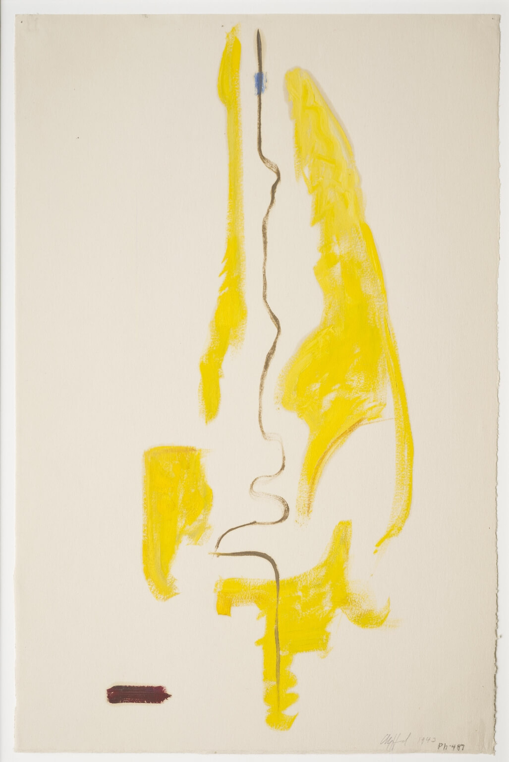 Oil painting on paper with bare paper showing and yellow and brown paint in abstract vertical shapes