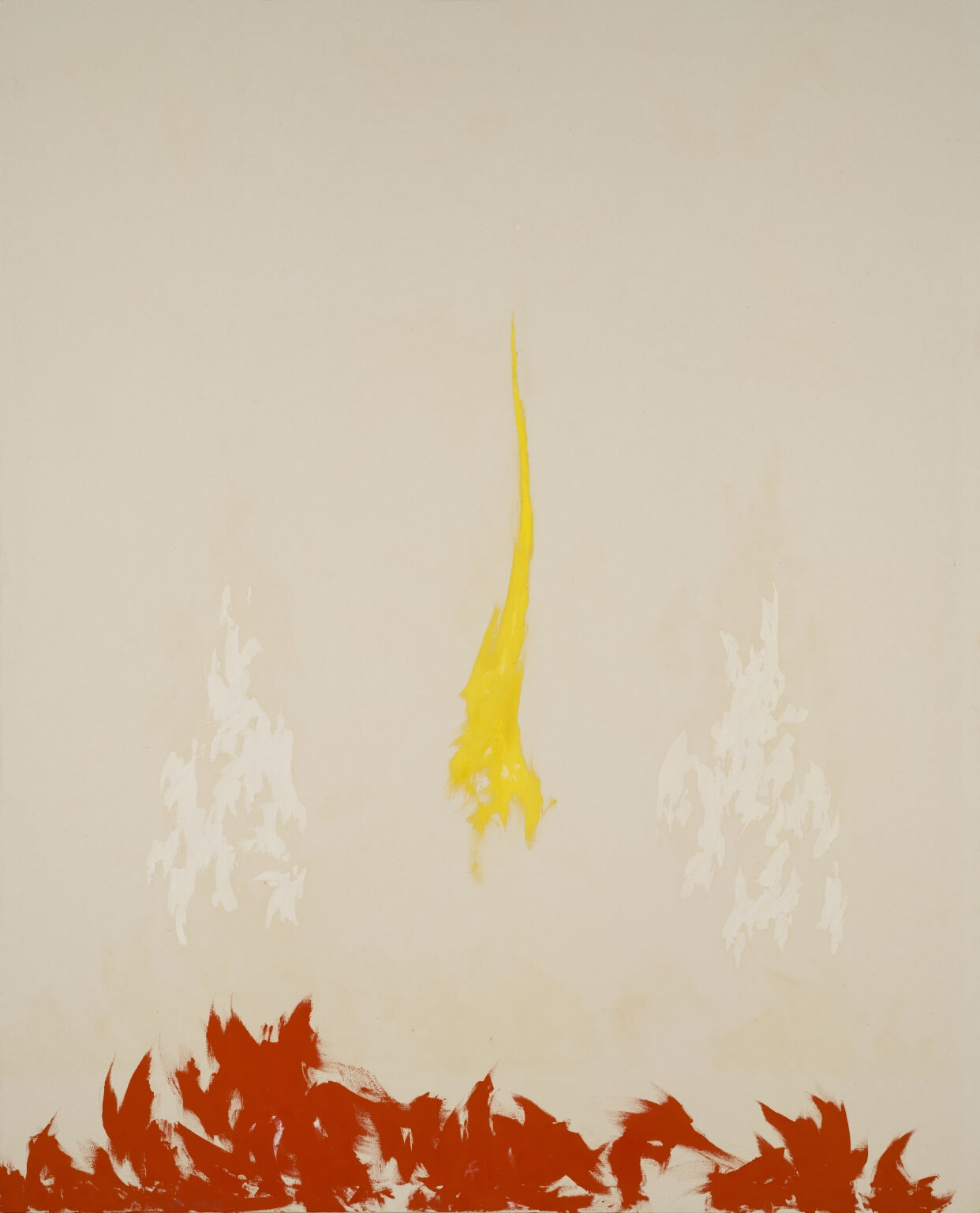 Abstract painting with mostly bare canvas and dark orange jagged forms at the bottom resembling flames with jagged white and yellow forms rising from them