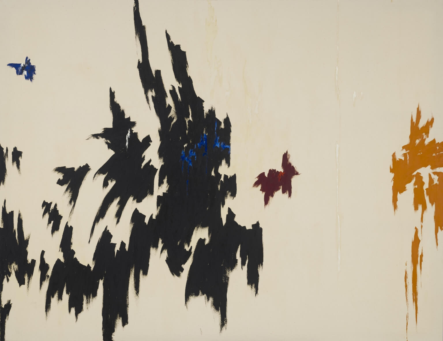 Abstract painting with bare canvas, a large black explosion of jagged paint on the left side, a smaller explosion of yellow gold on the other side, and highlights of blue, red, and white
