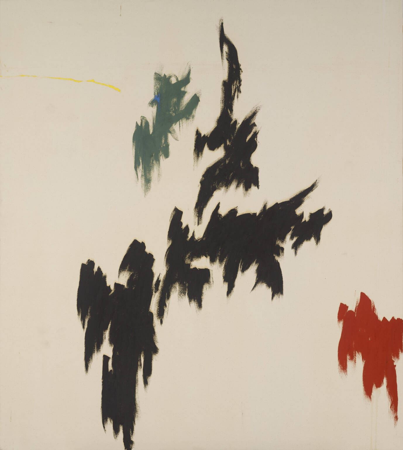 Abstract painting with a lot of bare canvas and large black splotches in the center moving upwards and smaller green and red splotches on each side of the black paint