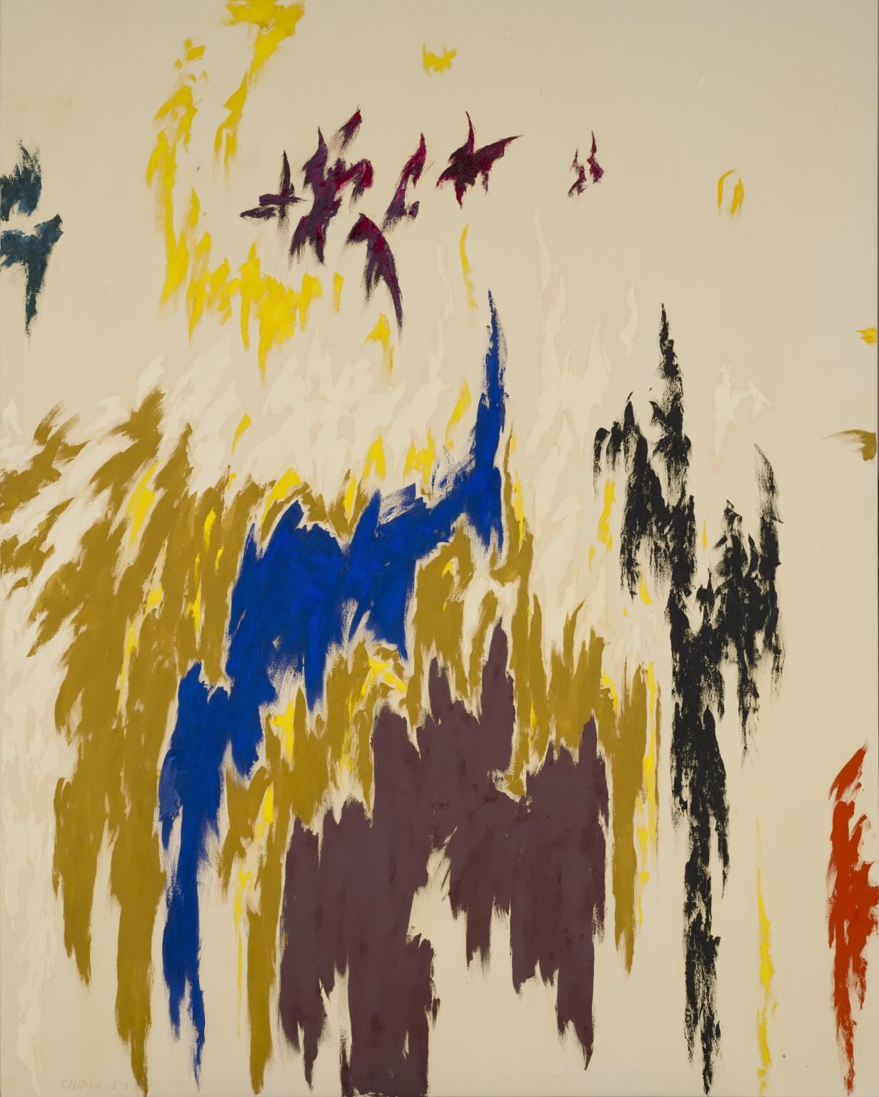 Abstract painting with large sections of bare canvas and explosions of different paint colors including gold, blue, brown, black, yellow, dark red, and bright red