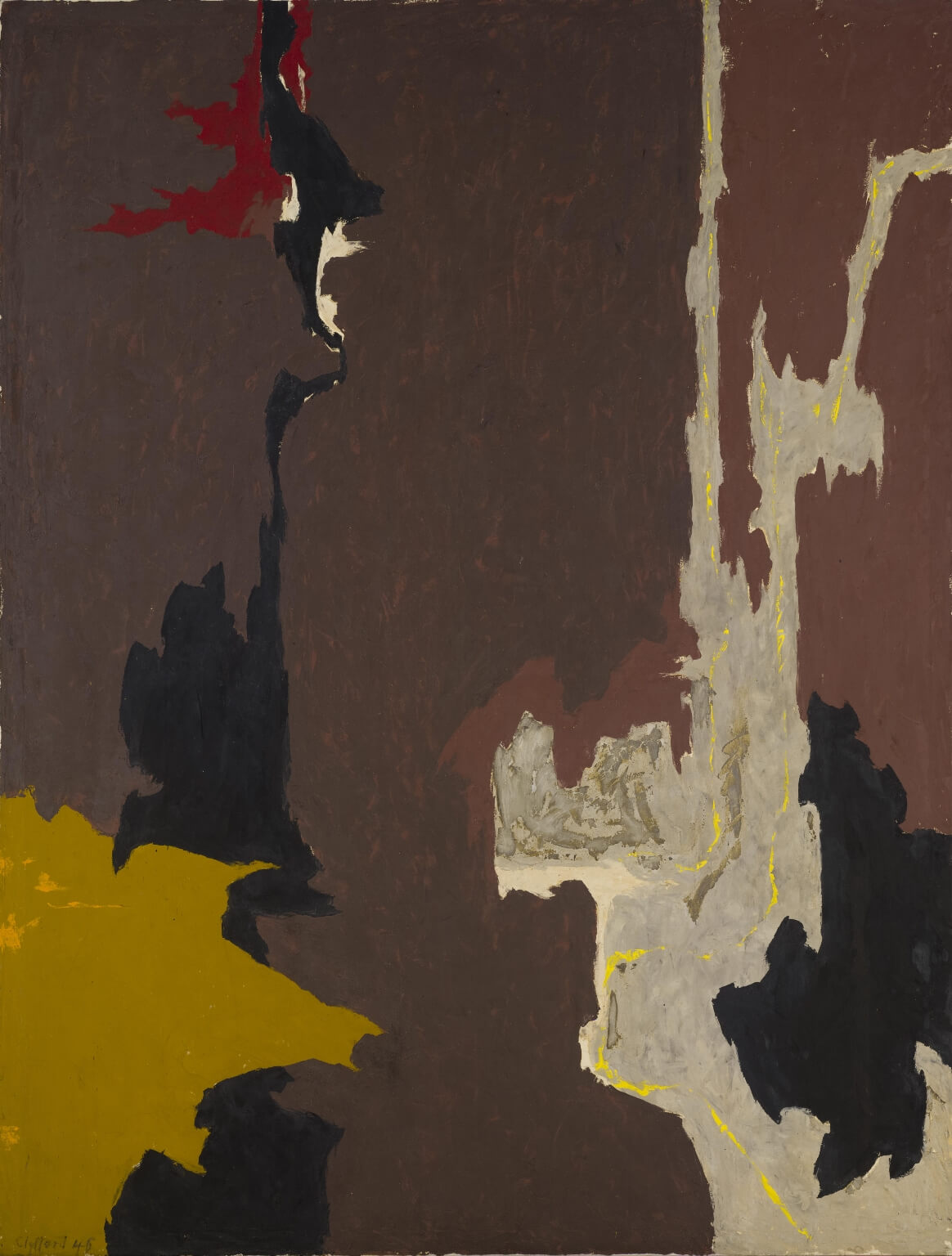 Abstract oil painting with mostly brown and sections of gray, black, gold, and hints of white and red