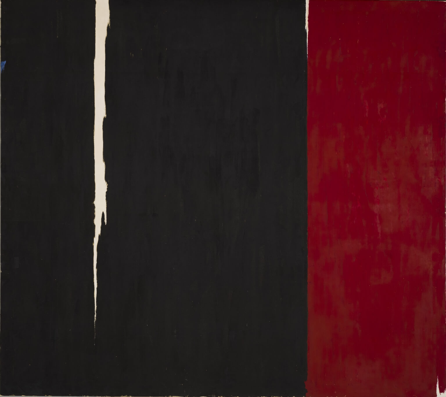 Horizontal abstract painting with much of the left side in black with a white line coming down from the top in the middle of the black and the right third of the painting is a deep red