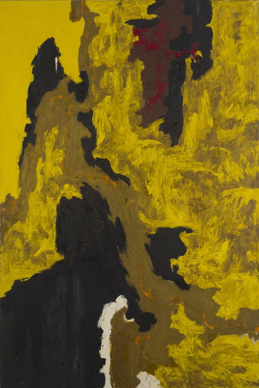Abstract vertical painting with large sections of swirling yellow, and smaller sections of black, tan, and red