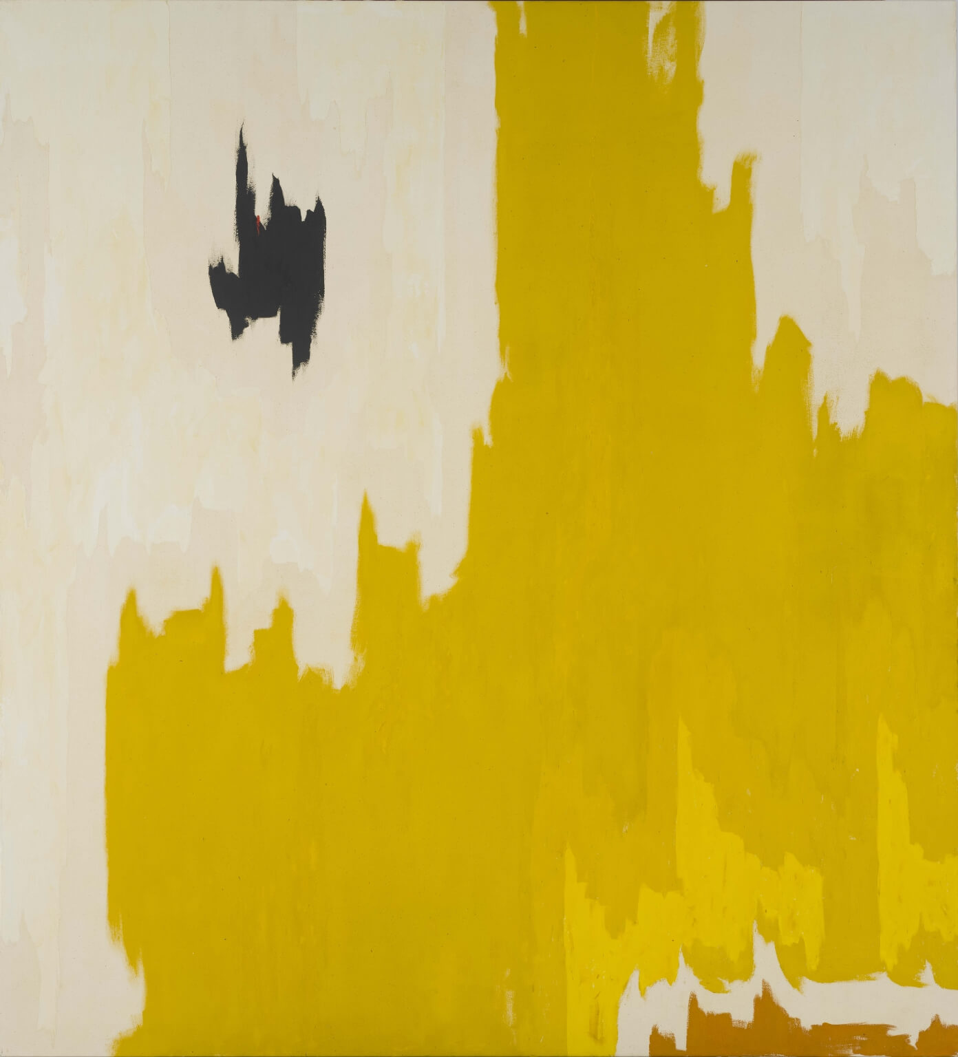 Abstract oil painting with bare canvas visible and goldish yellow paint in large area moving upwards with smaller highlights of yellow, white, and a small black figure on the left side