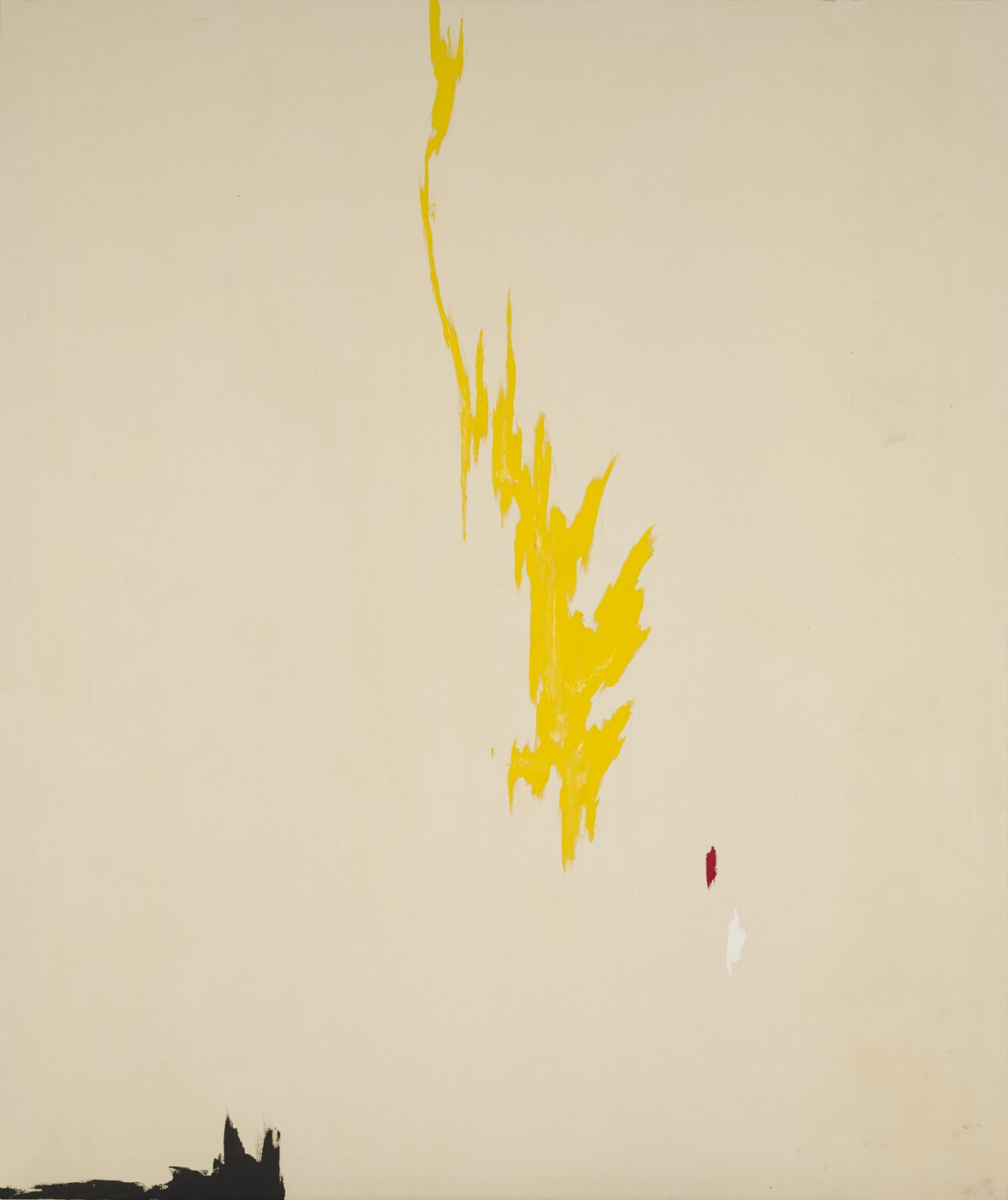 Bare canvas with abstract yellow shape moving upward in the center and a small black form at the bottom