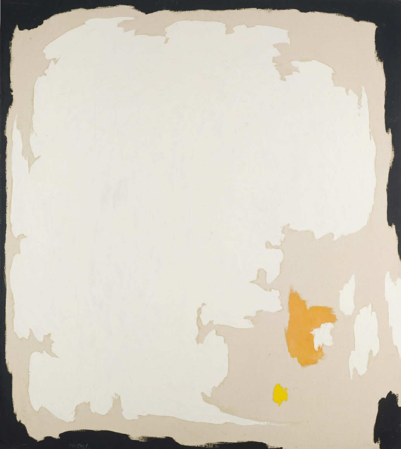 Abstract oil painting with a black frame of paint, inside that some tan, bare canvas, tan figure in the lower right corner, and gold paint
