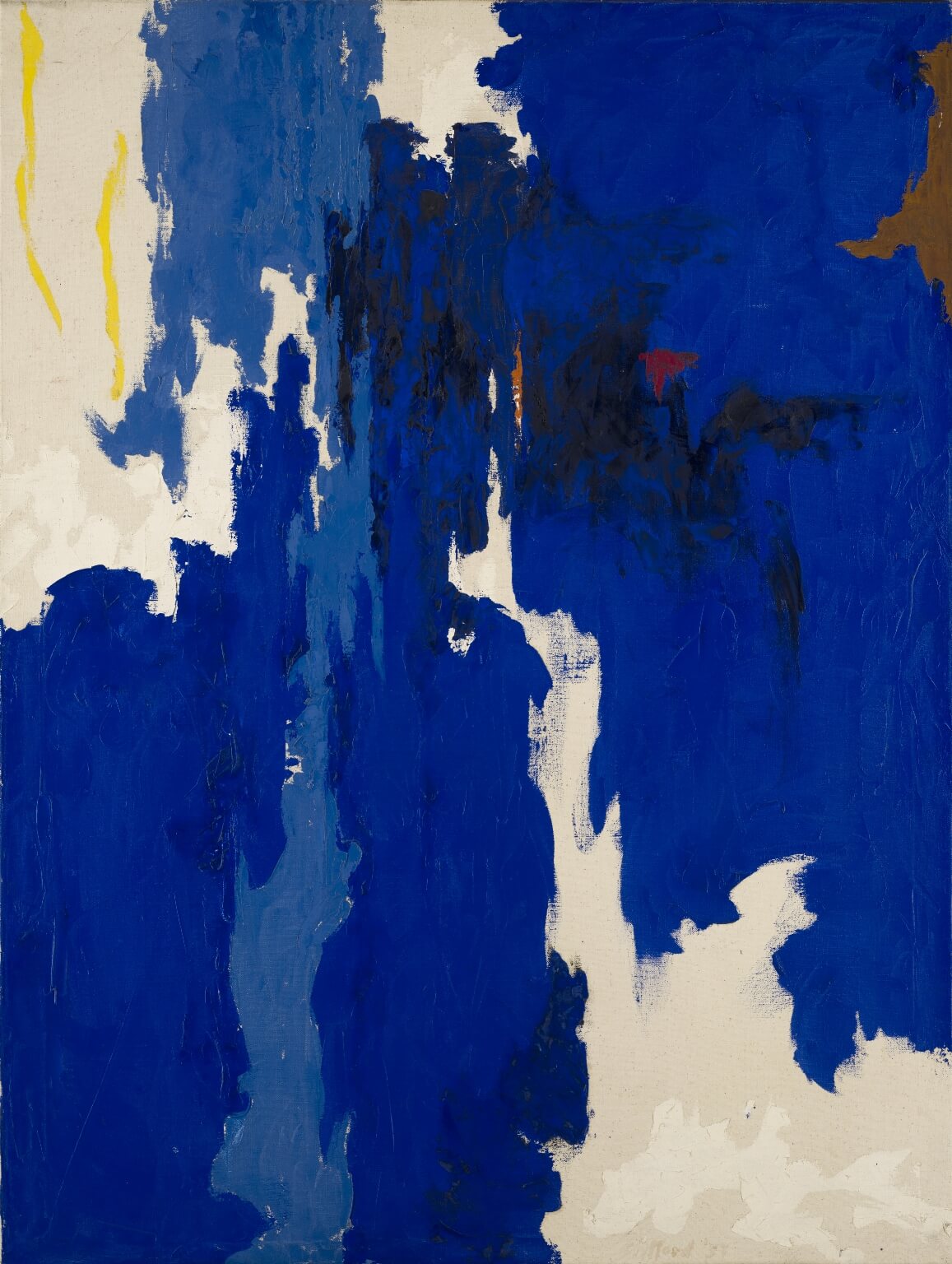 A vertical abstract painting with dark and light blue shapes swirling around a center area with bare canvas, white, yellow, black and hints of red