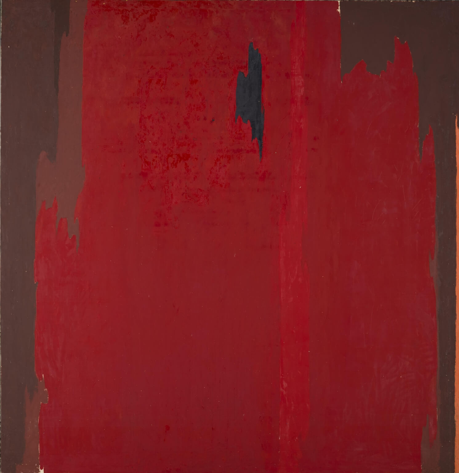 Abstract painting covered mostly in red with several shades of red including a lighter red line up the center, brown around the edges, and a black splotch toward the top center