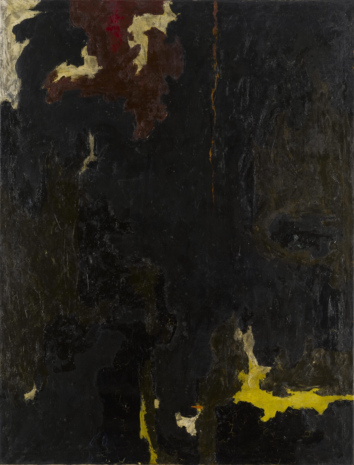 Abstract painting with black, dark gray, and small sections of yellow and light gray