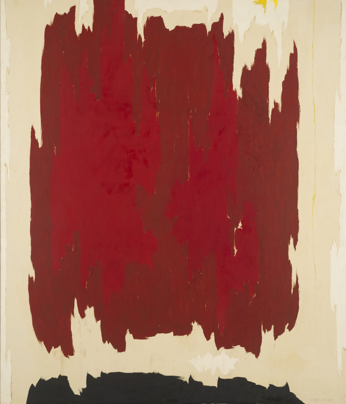 Vertical abstract painting with bare canvas visible around the edges and a large red splotch in the center with several shades of red and a horizontal black figure along the bottom