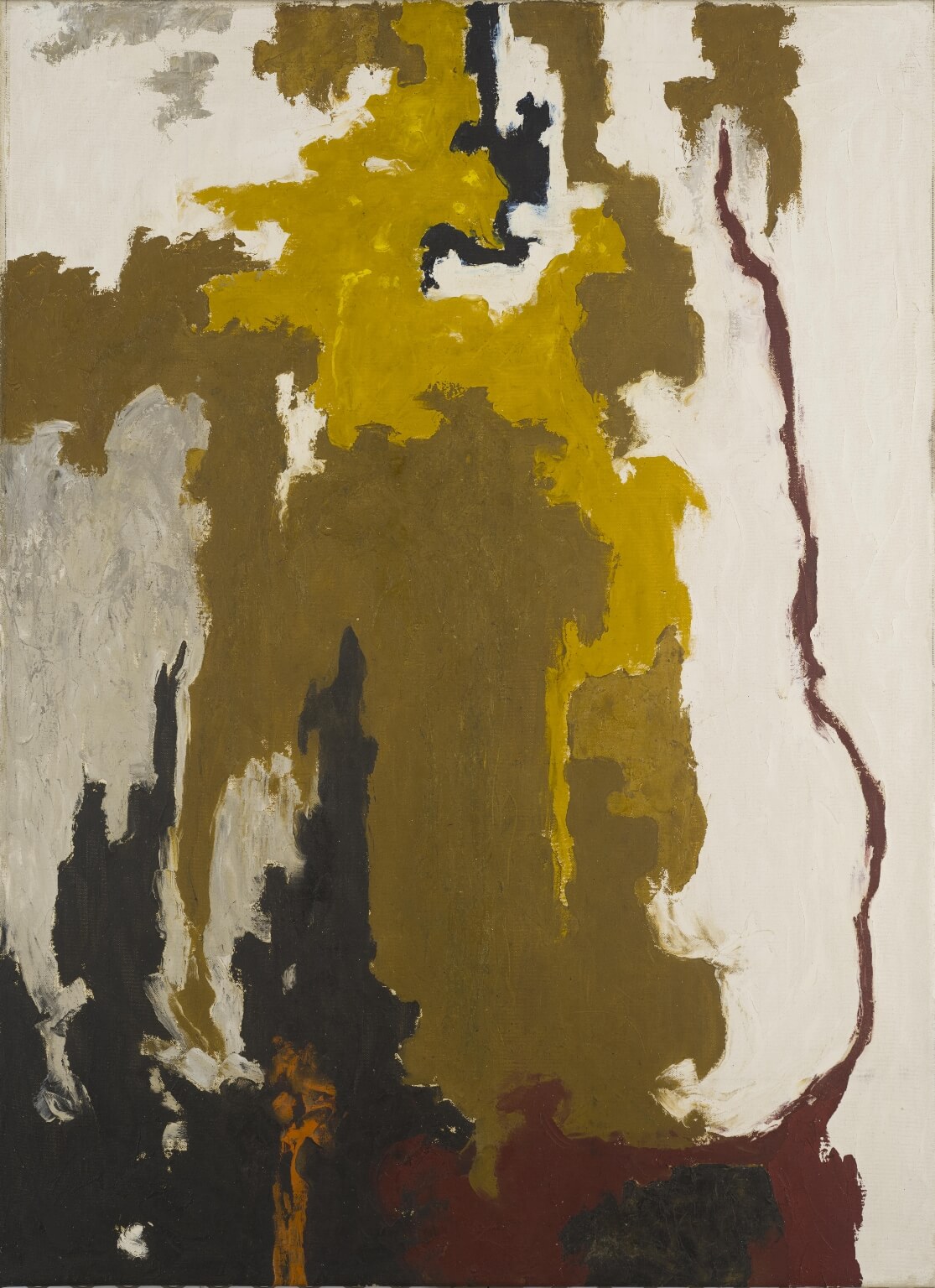 Vertical abstract painting with some bare canvas showing on the right side, and abstracted splotches of paint in brown, gold, gray, white, and black and a vertical red line moving upwards