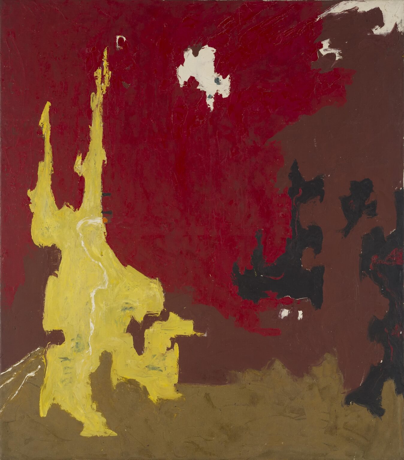 Abstract oil painting with a large background section in red, a yellow figure in the foreground, tan along the bottom, brown and black along the side, and white splotches toward the top